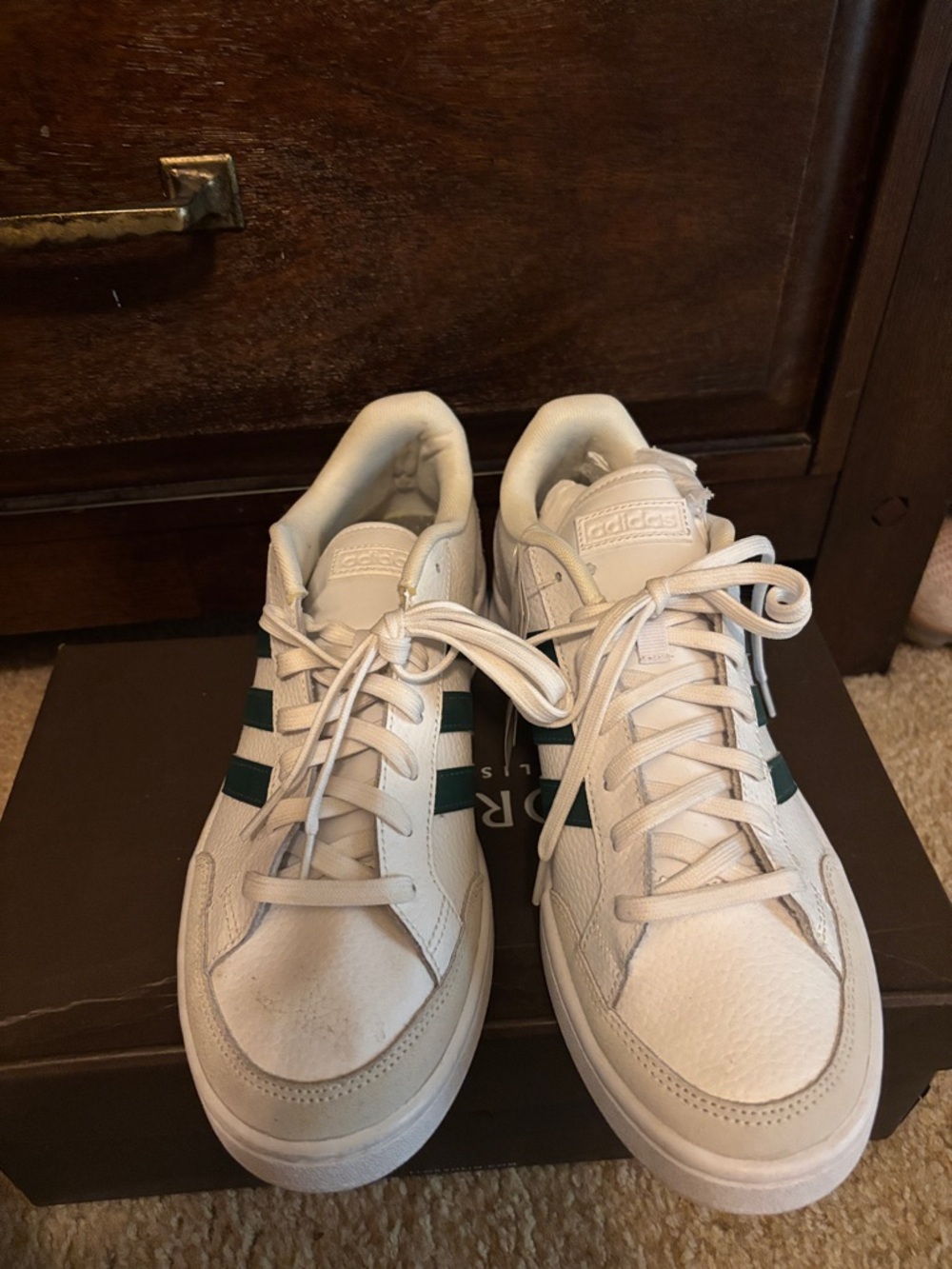 adidas White Low-Top Sneakers with Green Stripes